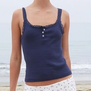 Brandi Melville Navy Amaya Lace-Trim Ribbed Stretchy Cotton Tank Top Casual Boho